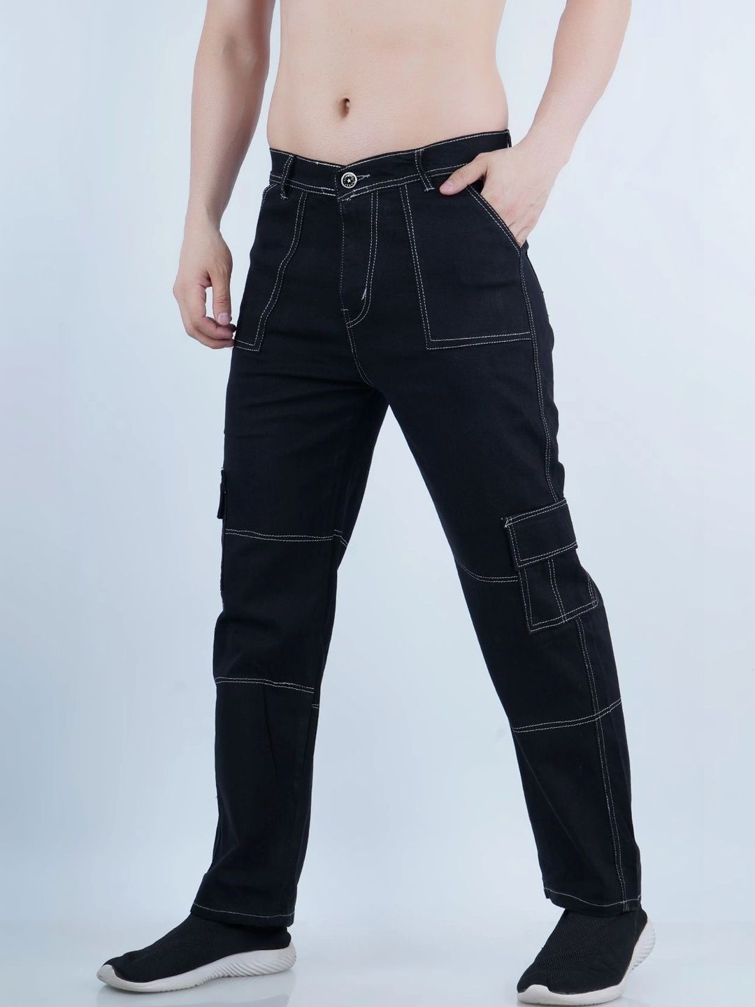HERE&NOW Men's Jet Black Contrast-Stitched Cargo Relaxed Fit Jeans