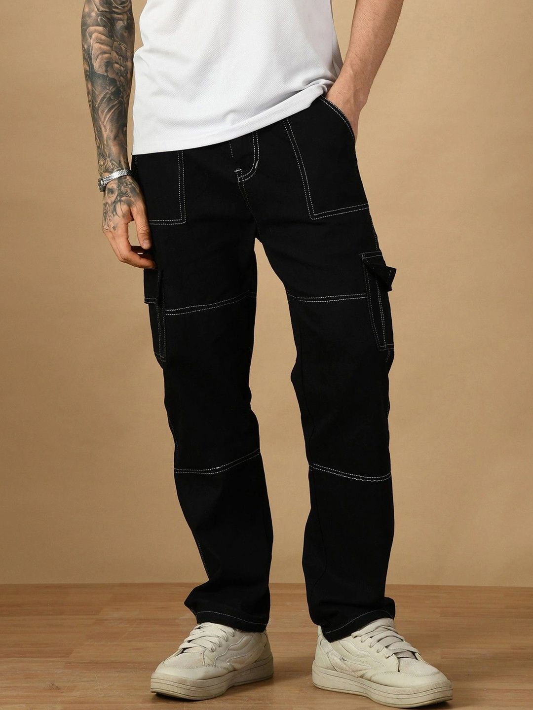 HERE&NOW Men's Contrast-Stitched Mid-Rise Relaxed Straight Cargo Jeans