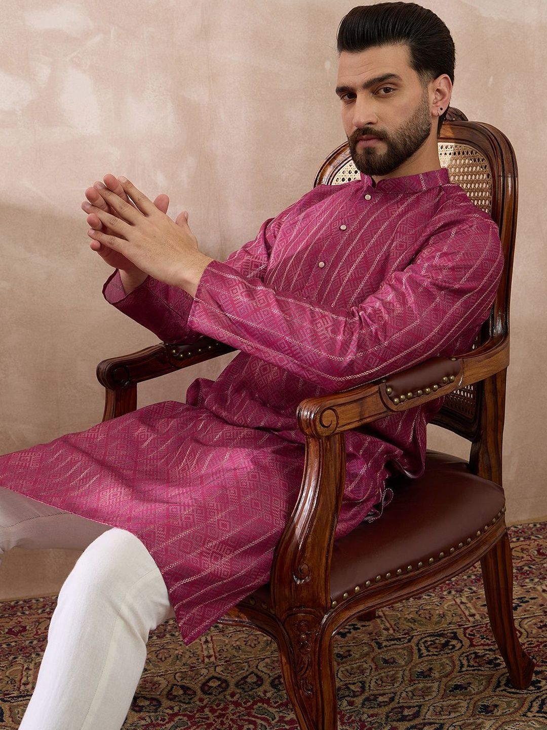 House of Pataudi Printed Silk Mandarin Collar Calf Length Straight Kurta