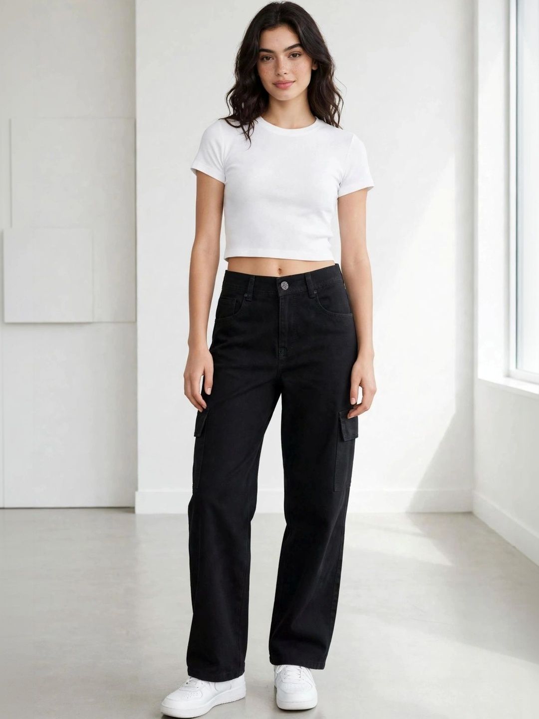 HERE&NOW Women's Jet Black Mid-Rise Relaxed Straight Leg Cargo Jeans