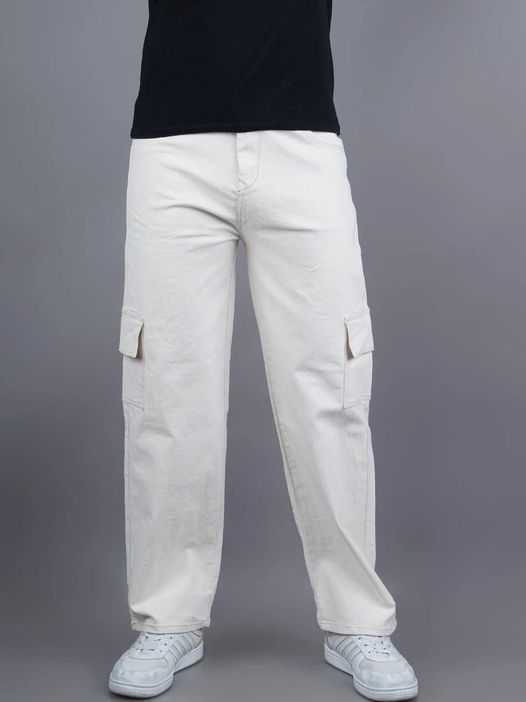 HERE&NOW Men's Beige Washed Cargo Contrast-Stitched Relaxed Straight Fit Jeans