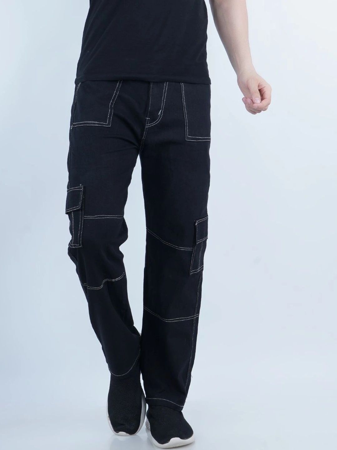 HERE&NOW Men's Jet Black Contrast-Stitched Panelled Cargo Relaxed Fit Mid-Rise Jeans