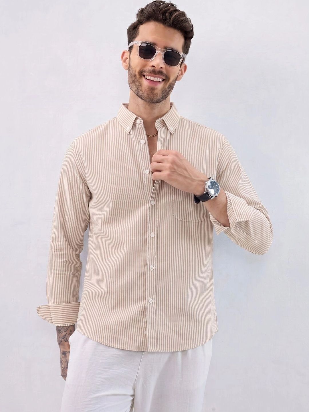 HENSHIKA Men Cotton Standard Striped Printed Casual Shirt