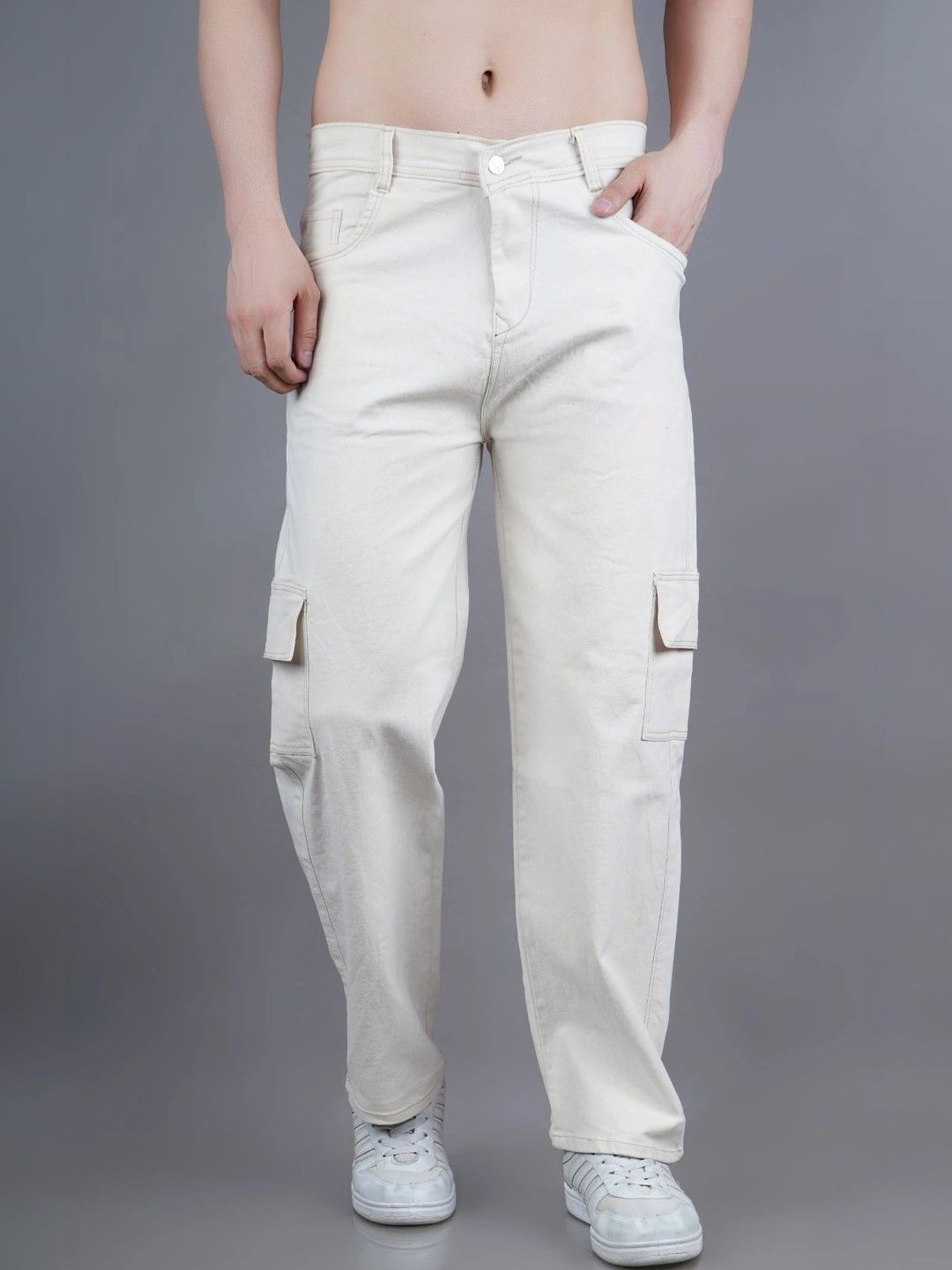 HERE&NOW Men's Beige Mid-Rise Cargo Relaxed Straight Jeans