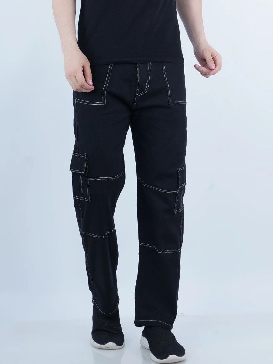 HERE&NOW Men's Jet Black Contrast-Stitched Relaxed Straight Cargo Jeans