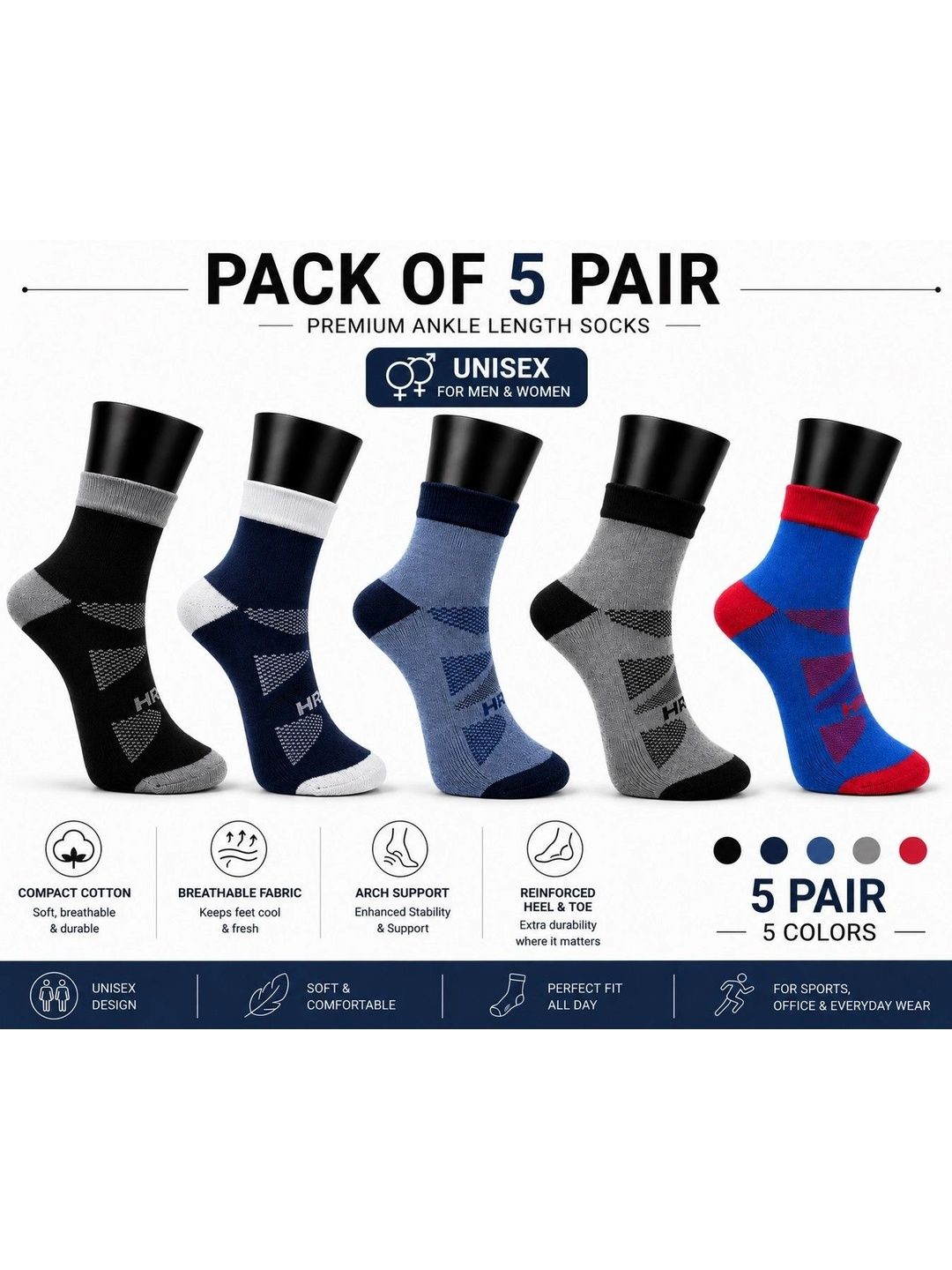 HRX by Hrithik Roshan Unisex Pack of 5 Cotton Blend Assorted Patterned Ankle Length Socks