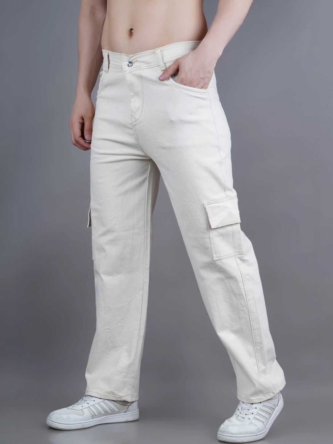 HERE&NOW Men's Mid-Rise Cargo Relaxed Straight Leg Jeans