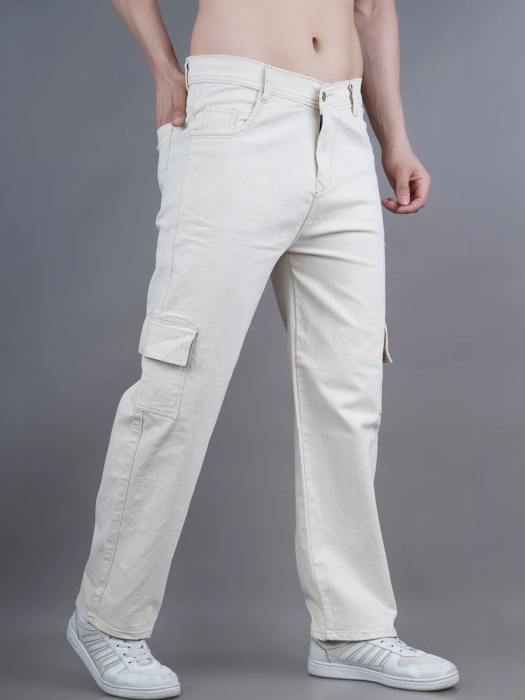 HERE&NOW Men's Beige Contrast-Stitched Mid-Rise Relaxed Cargo Jeans