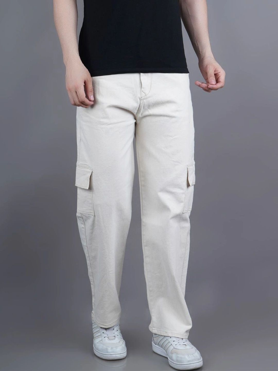 HERE&NOW Men's Solid Beige Cargo Mid-Rise Relaxed Straight Fit Jeans