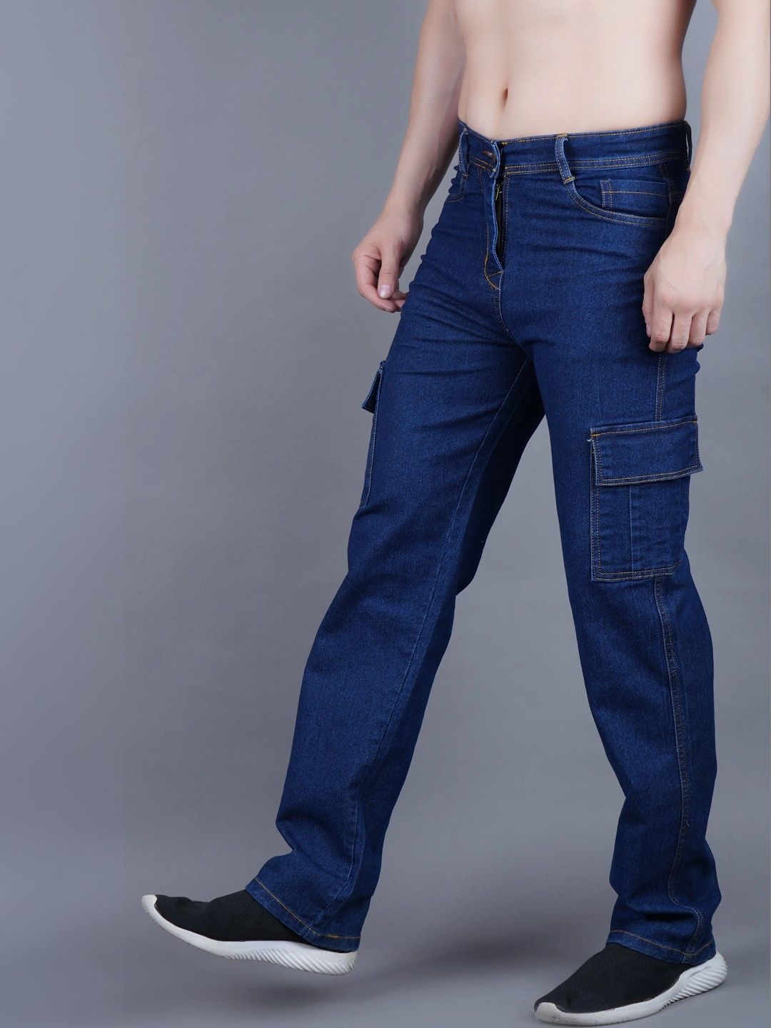 HERE&NOW Men's Dark Wash Denim Contrast-Stitched Cargo Straight-Leg Jeans