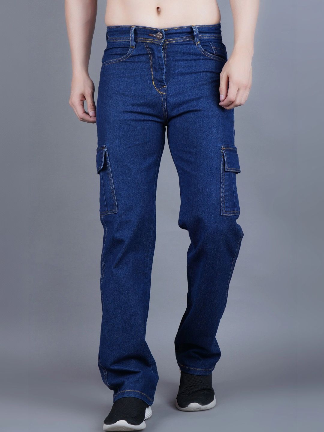 HERE&NOW Men's Contrast-Stitched Mid-Rise Straight Fit Cargo Jeans