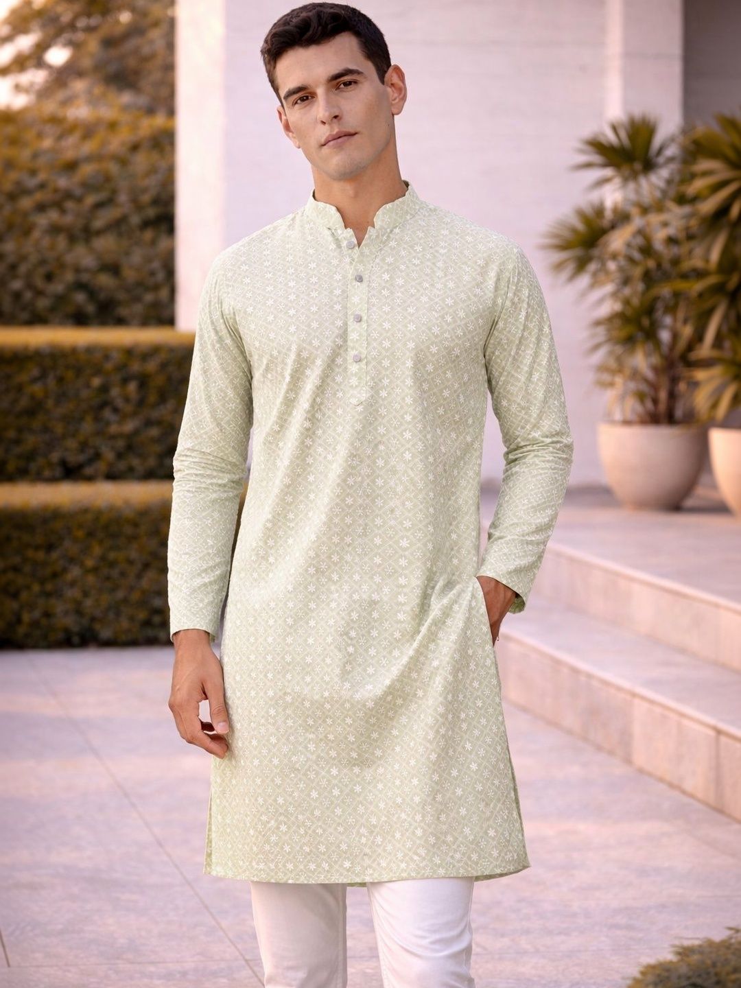 Anouk Men Geometric Embroidery Knee Length Straight Kurta
