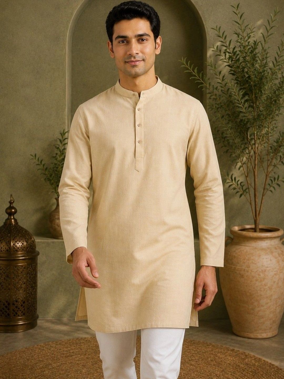TATTVA Men Mandarin Collar Straight Thread Work Kurta