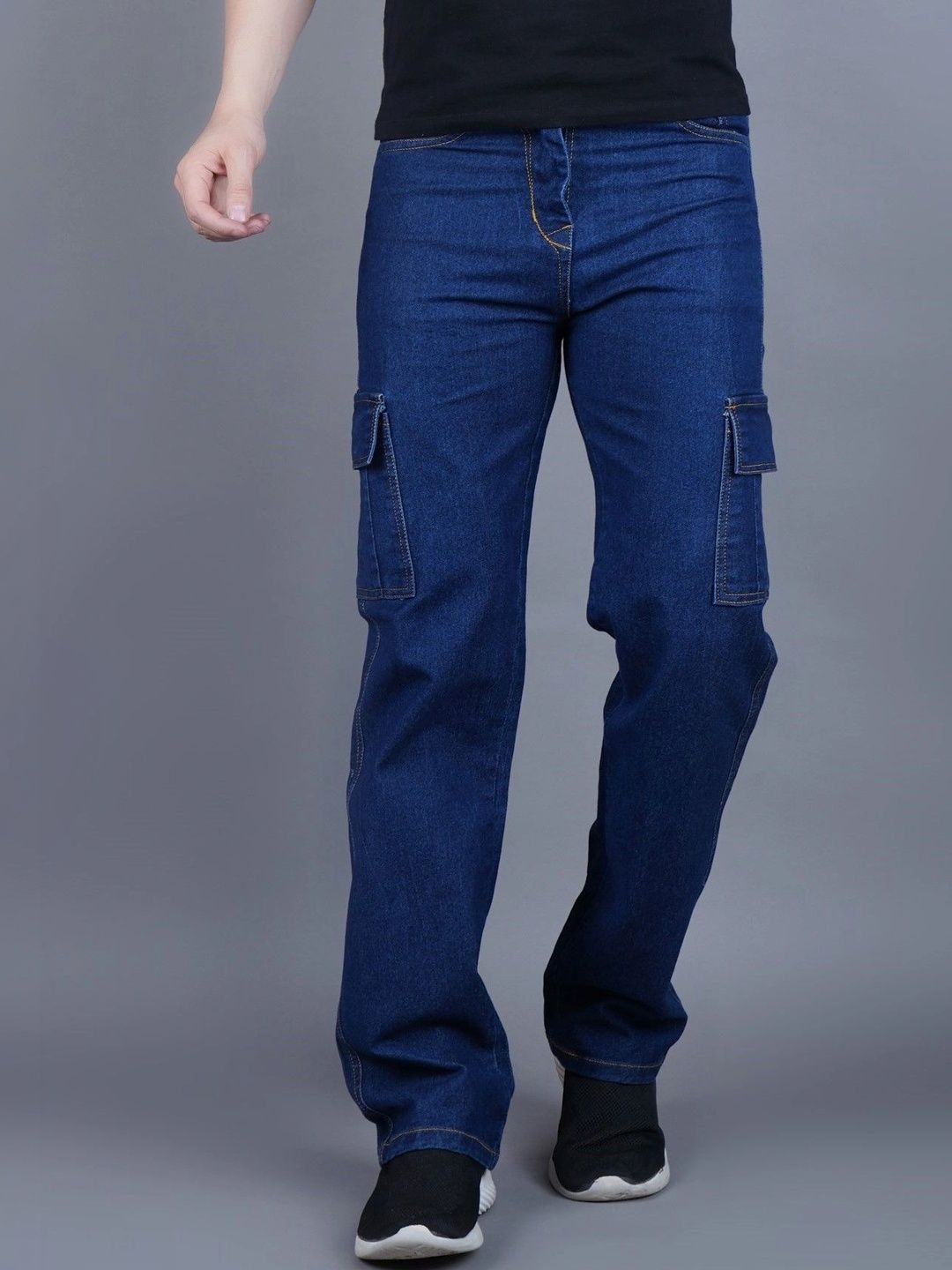 HERE&NOW Men's Dark Wash Cargo Straight Fit Mid-Rise Jeans