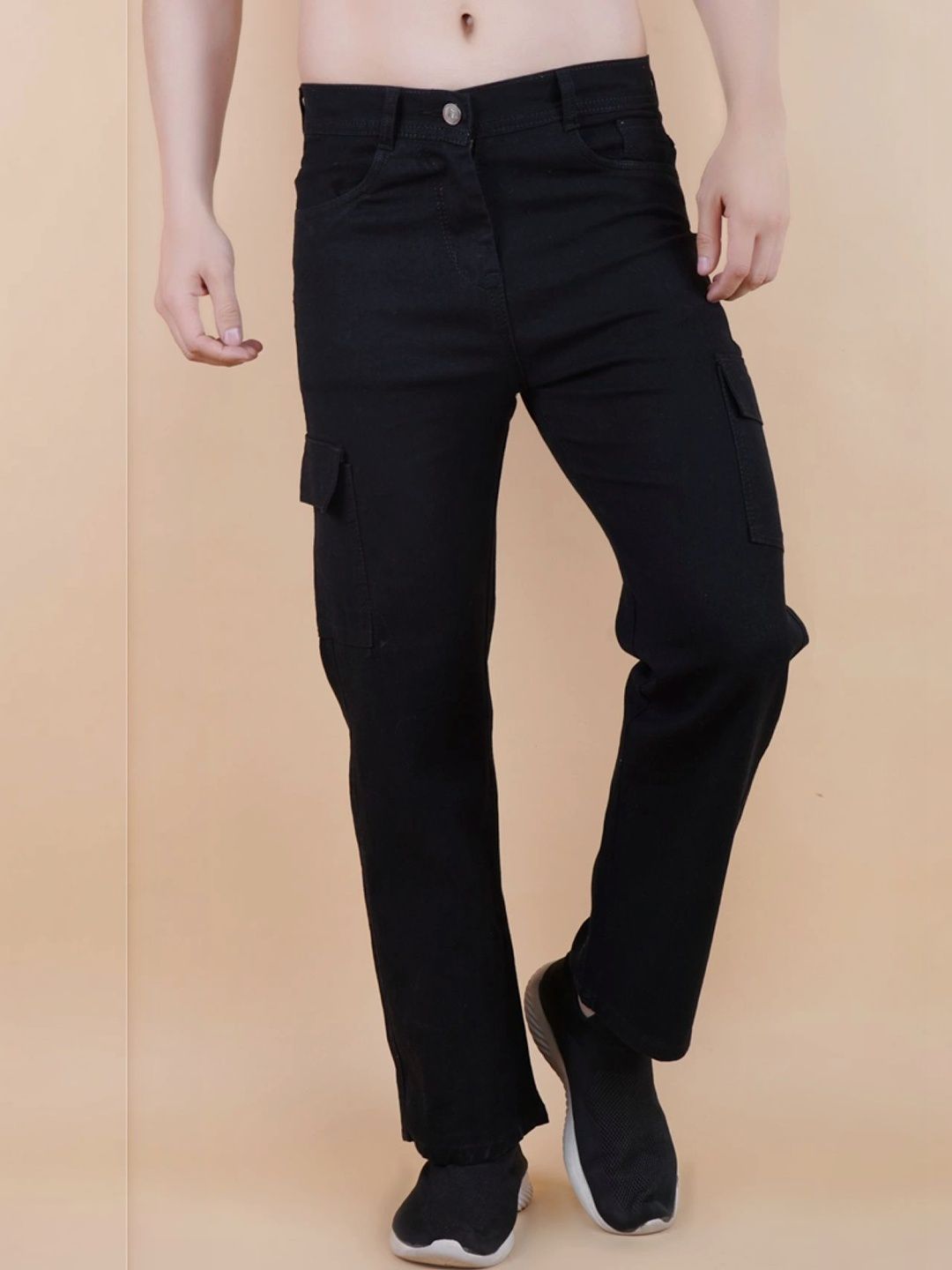 HERE&NOW Men's Jet Black Mid-Rise Cargo Straight Fit Jeans