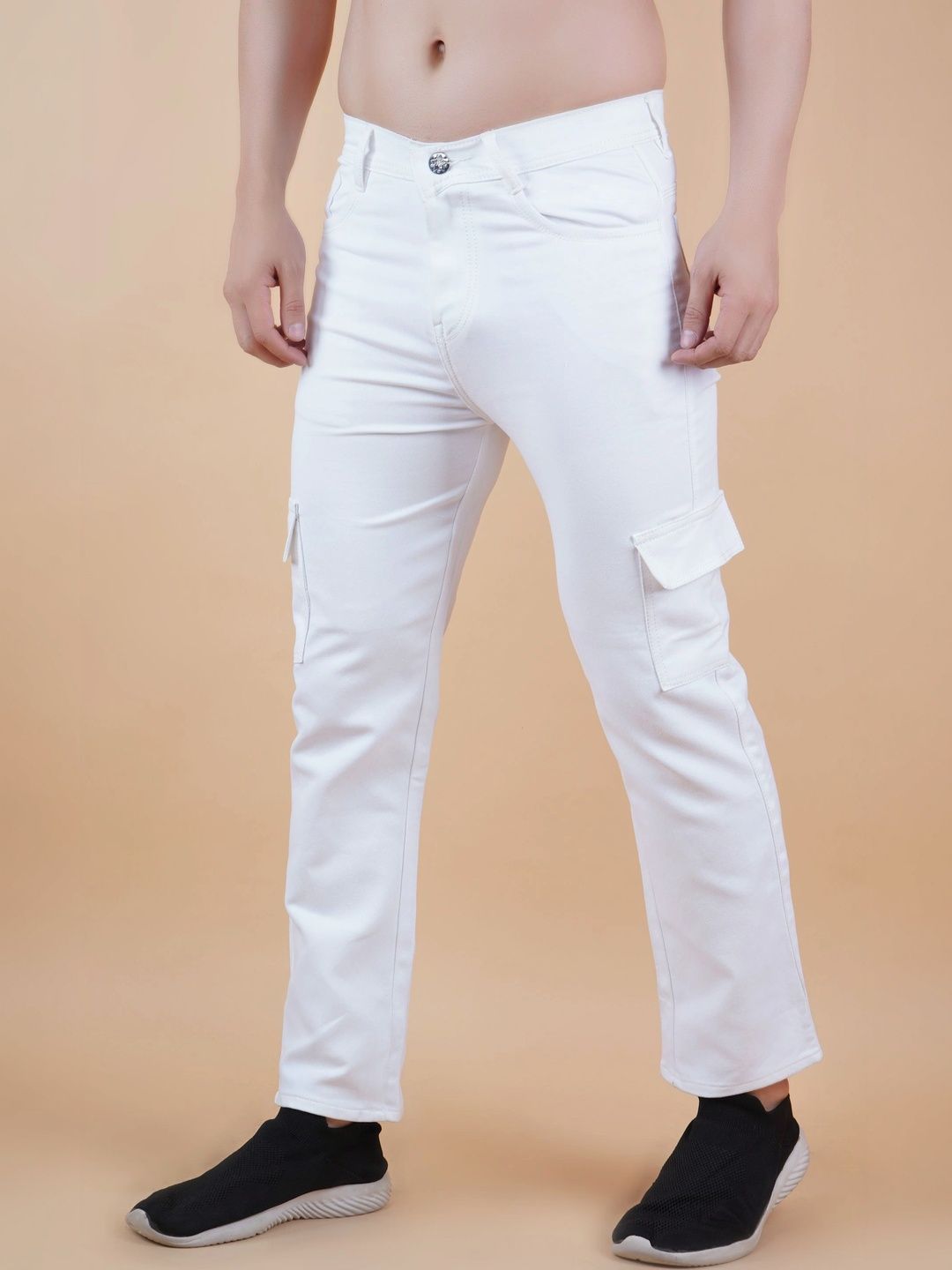 HERE&NOW Men's Clean Look White Mid-Rise Cargo Slim Straight Fit Jeans