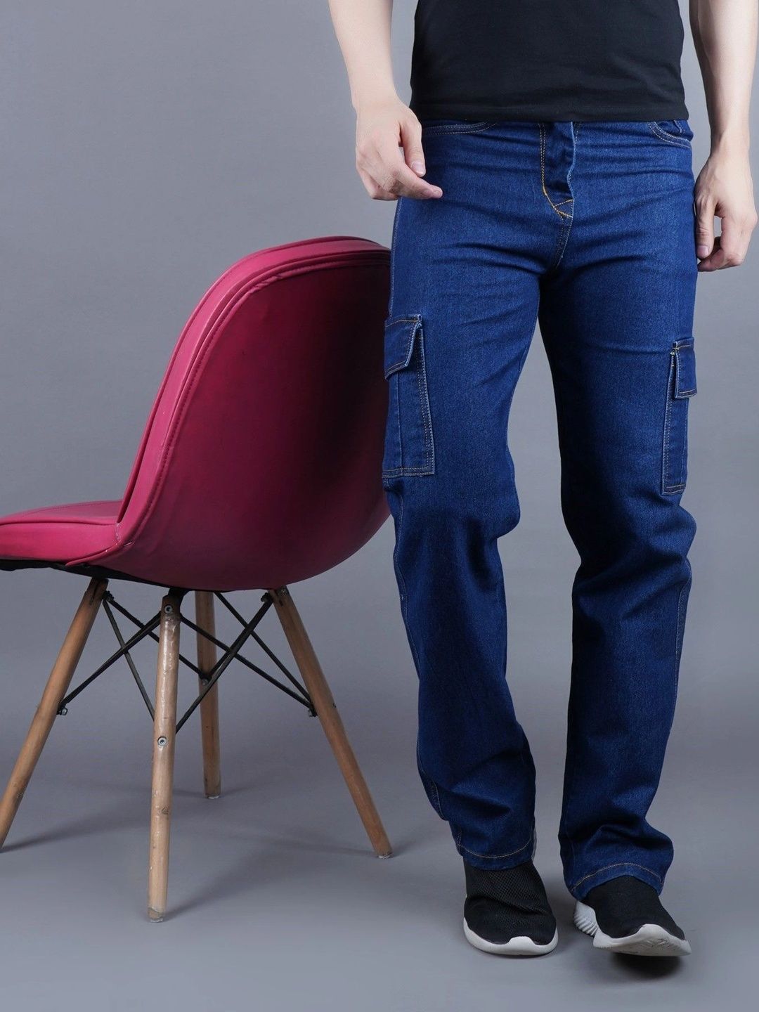 HERE&NOW Men's Dark Blue Mid-Rise Straight Fit Cargo Jeans with Contrast Stitching