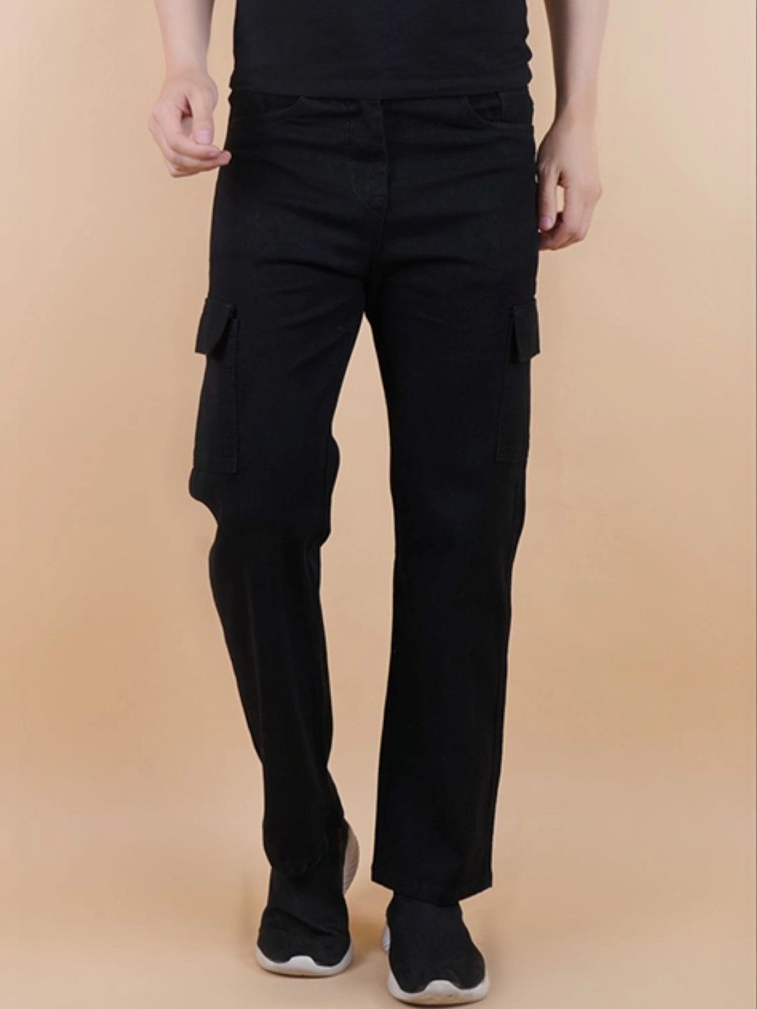 HERE&NOW Men's Jet Black Cargo Straight Fit Jeans