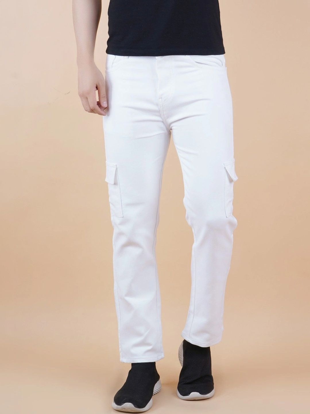 HERE&NOW Men's Pristine White Mid-Rise Cargo Straight Jeans