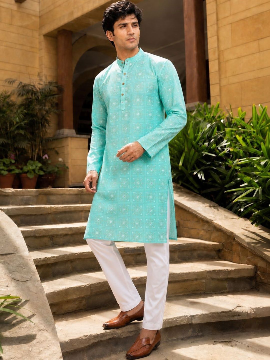Anouk Printed Band Collar Straight Long Kurta