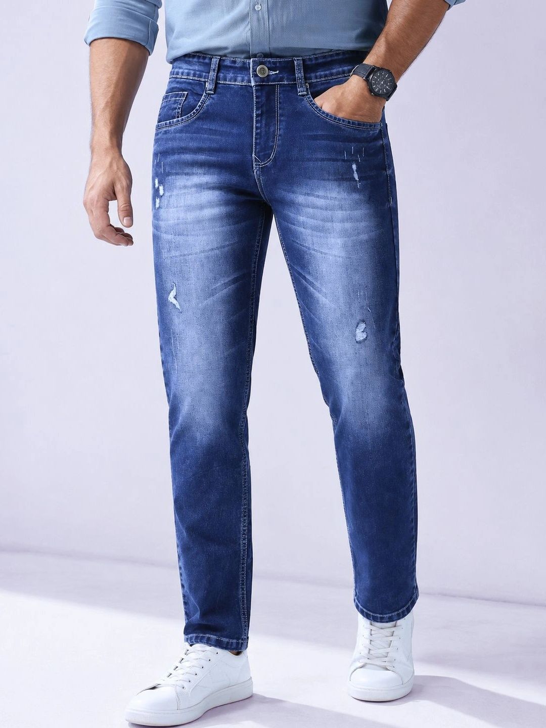 GEX Men Jean Regular Fit Mid-Rise Low Distress Light Fade Stretchable Jeans