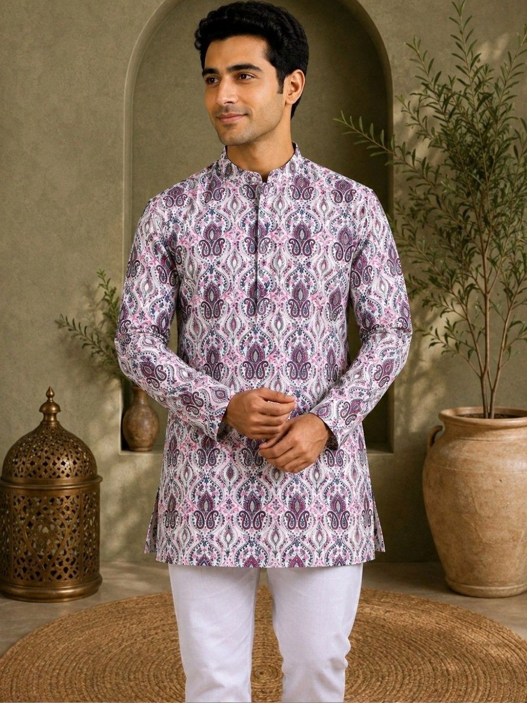 TATTVA Printed Thread Work Mandarin Collar Short Kurta
