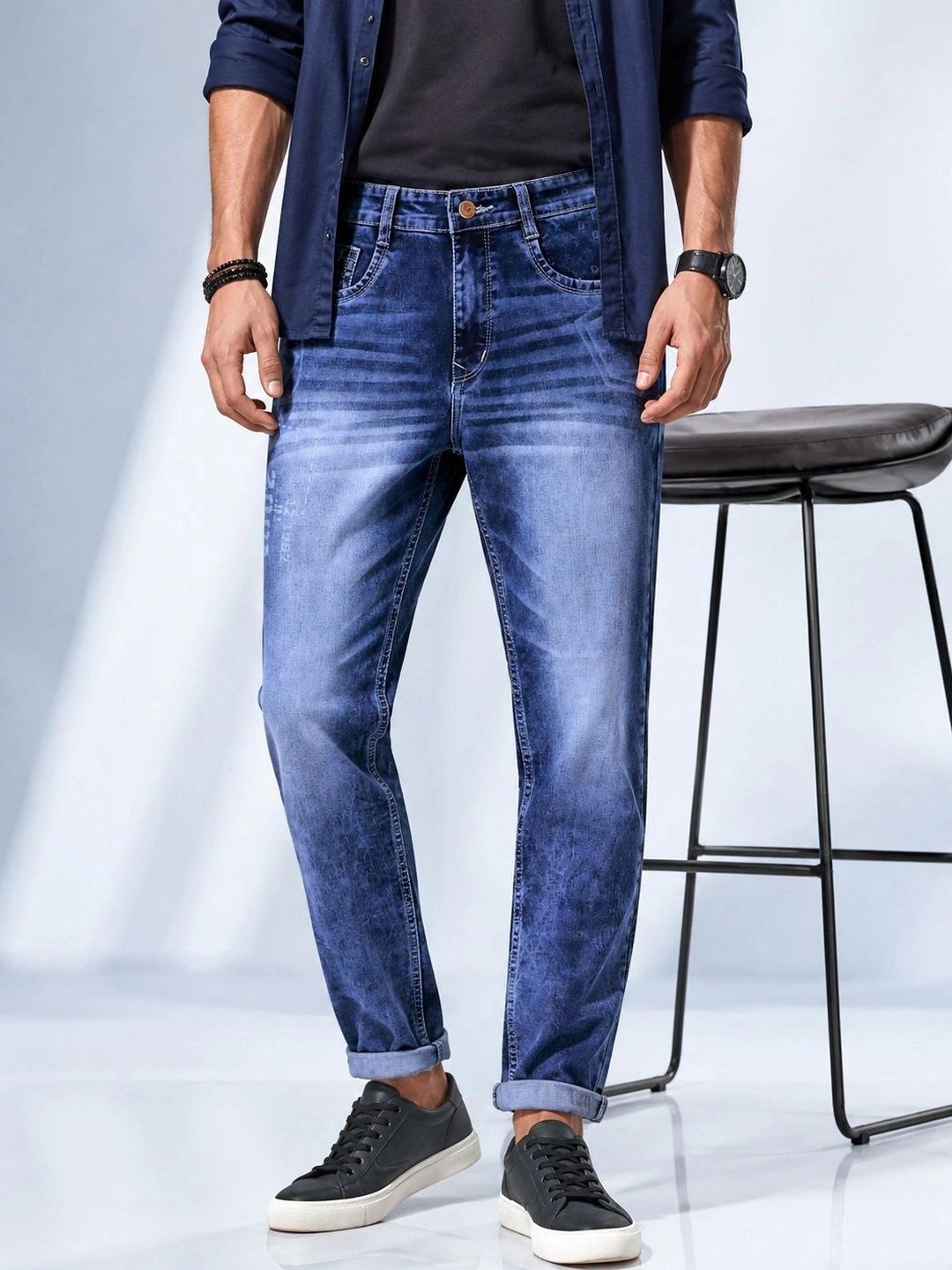 GEX Men Jean Regular Fit Mid-Rise Low Distress Printed Stretchable Jeans