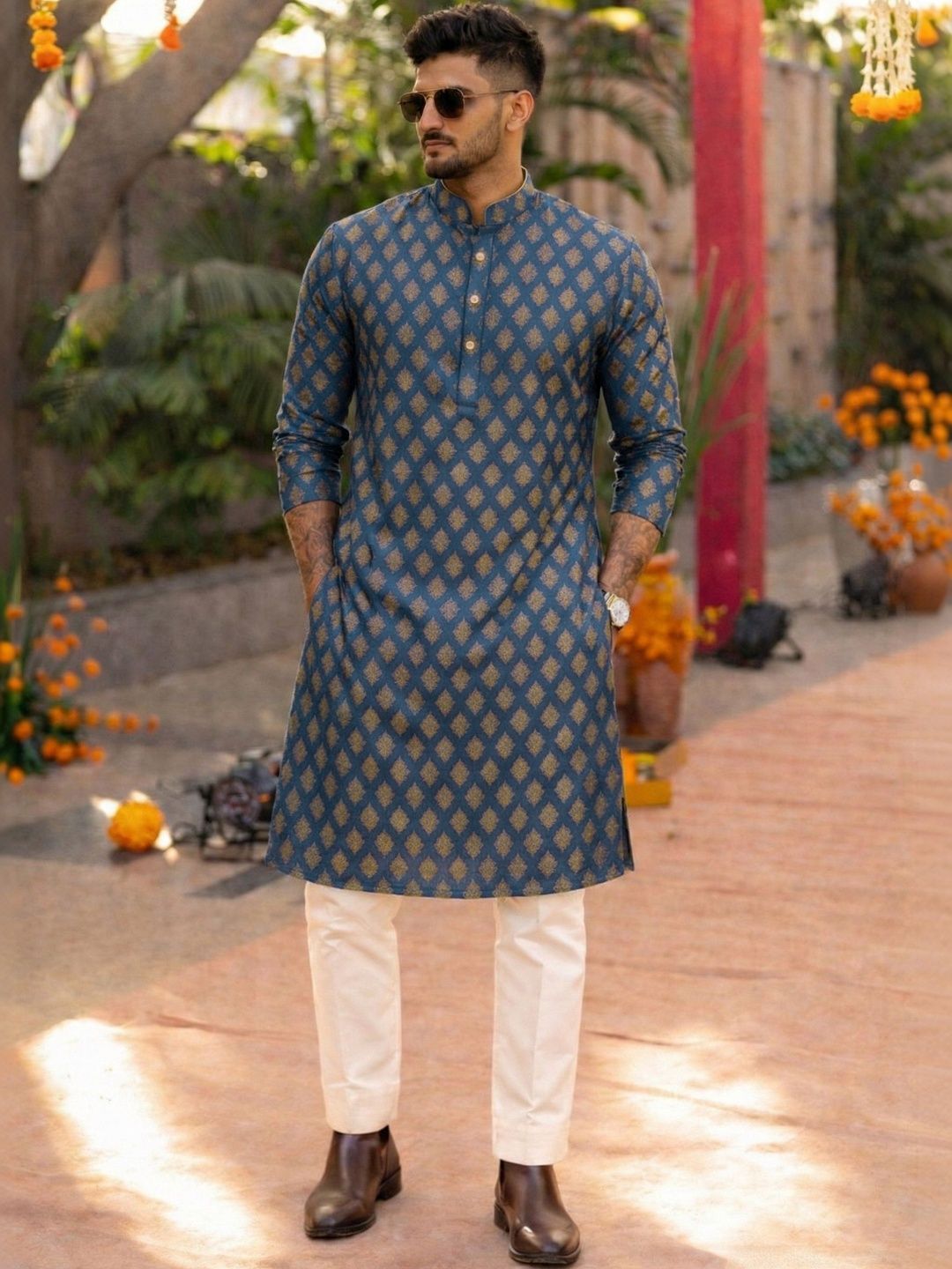 Anouk Printed Band Collar Straight Long Kurta