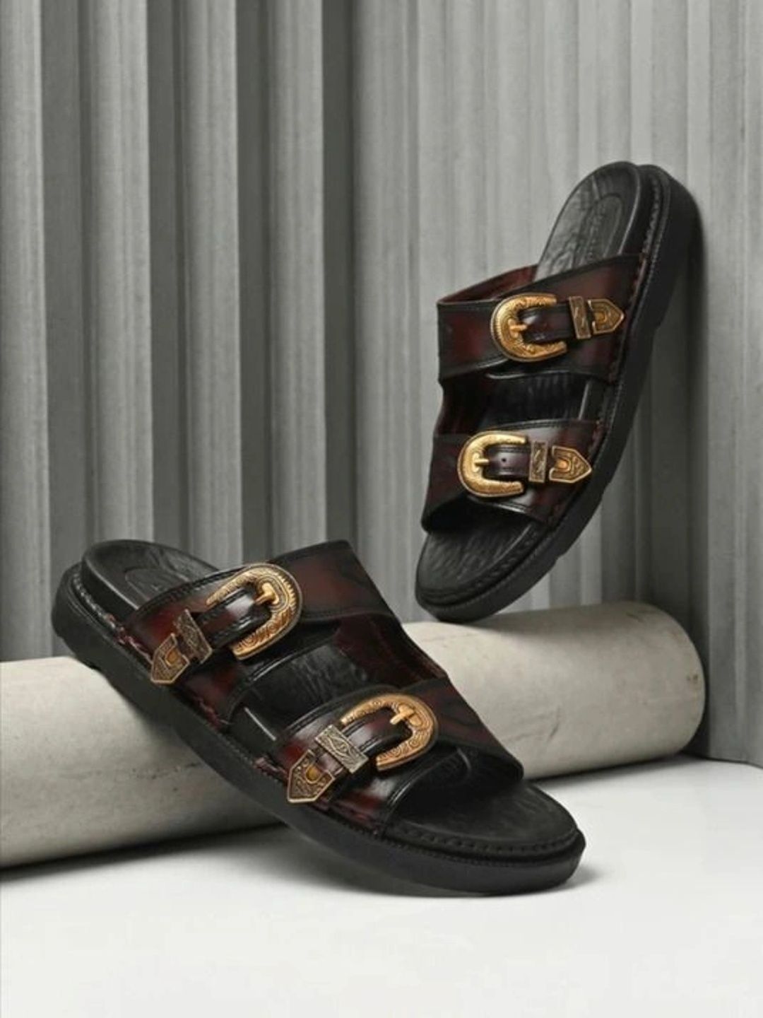 WALK WISE Men Dark Brown Leather Sandals with Ornate Gold Buckles