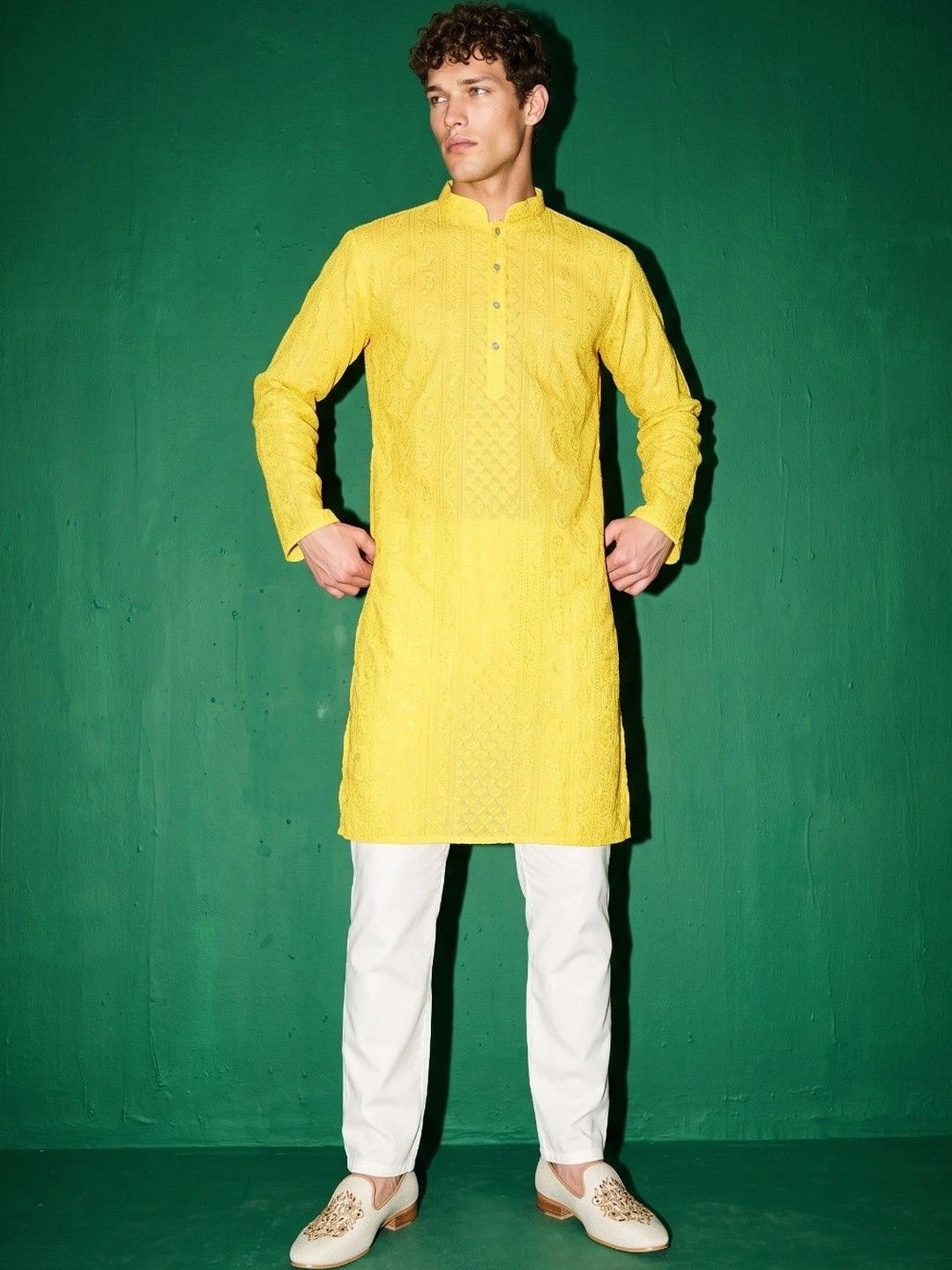 DRIP CHOWK Men Ethnic Motifs Embroidered Chikankari Georgette Kurta