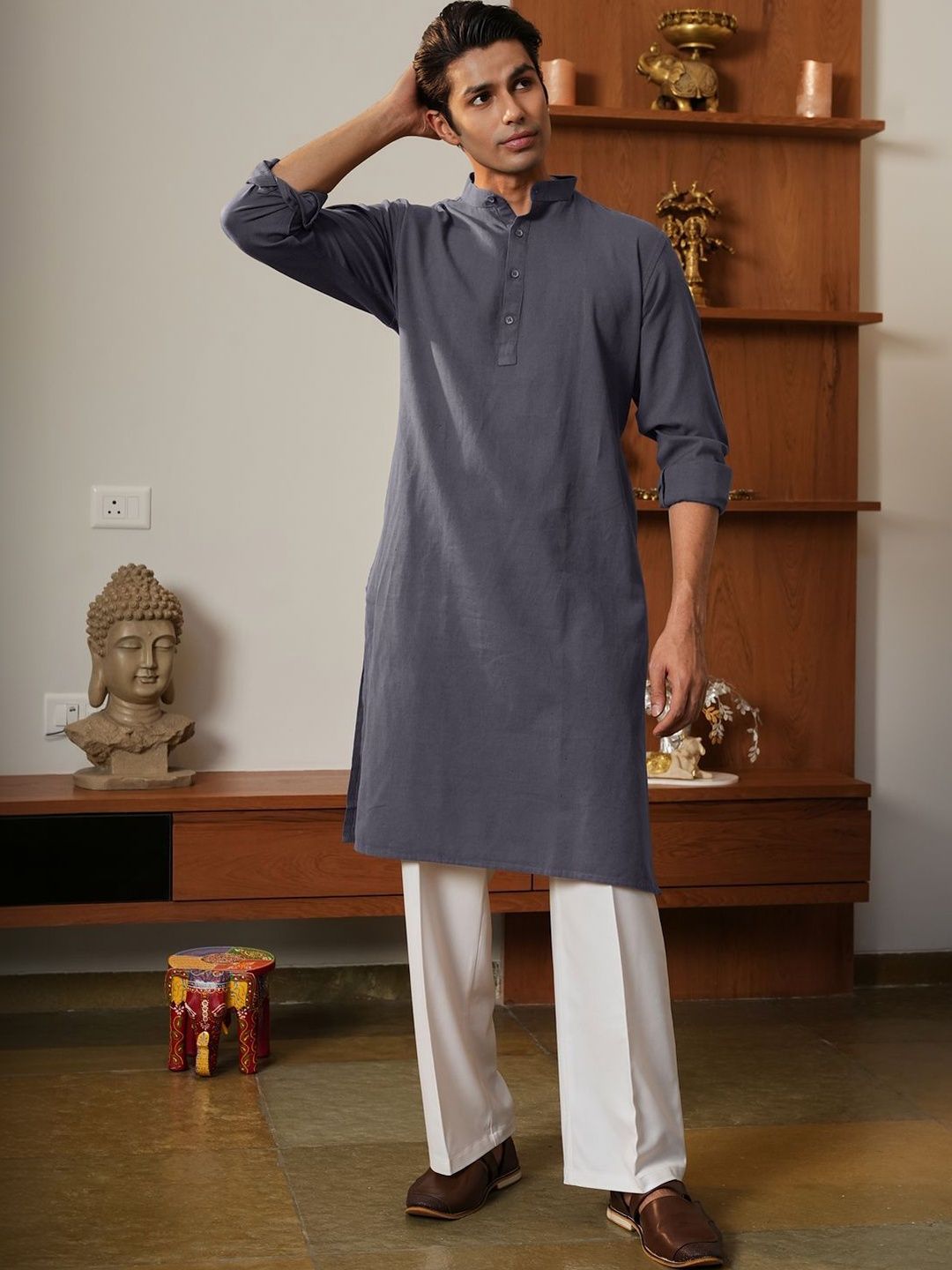 Anouk Men Pure Cotton Solid Knee Length Straight Kurta