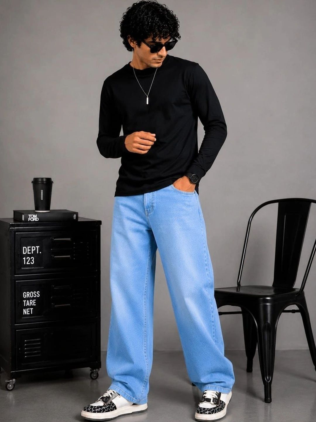 VK CULTURE Men Wide Leg Mid-Rise Light Fade Printed Jeans