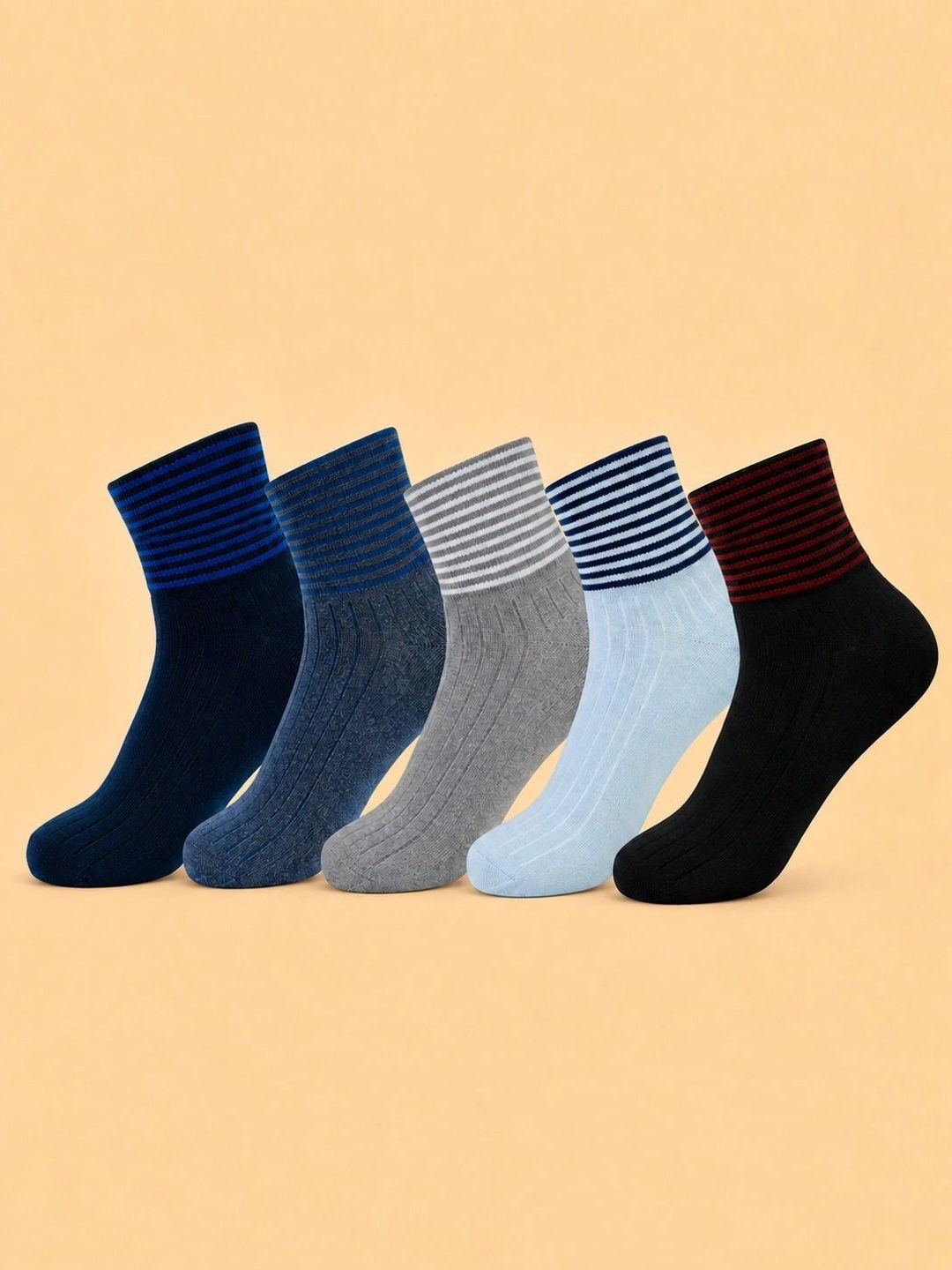 ADDOSSO Men Pack of 5 Cotton Assorted Striped Ankle Length Socks