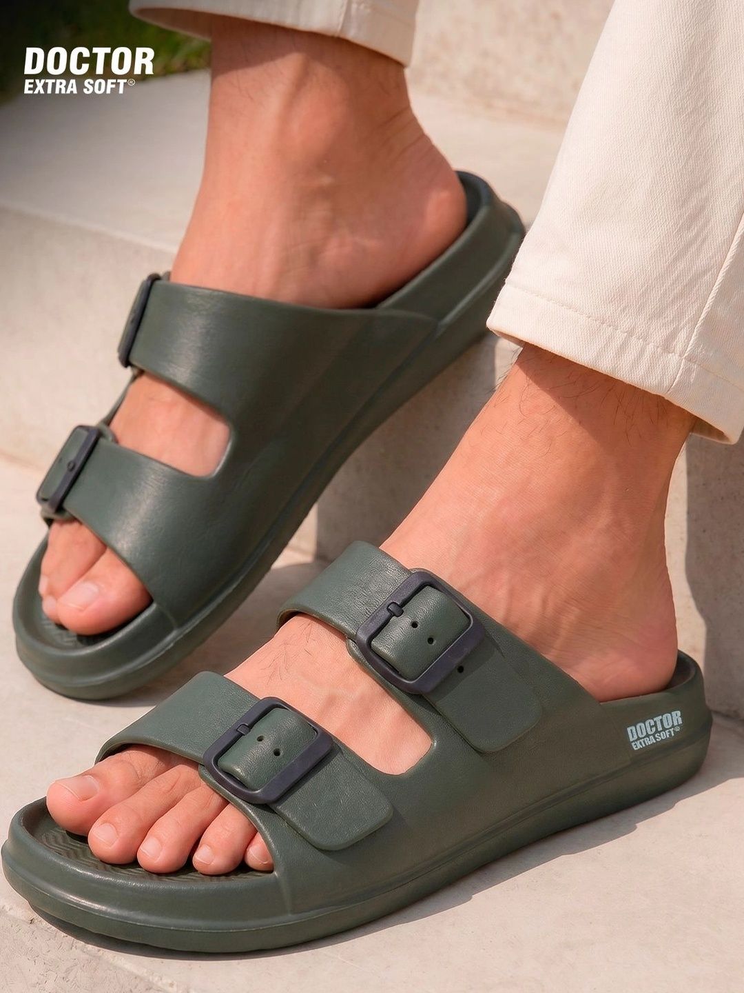 DOCTOR EXTRA SOFT Men Classic Cushion Lightweight Rubber Sliders With Buckle Detail