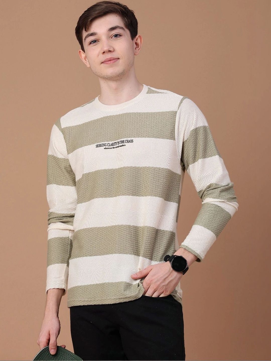 V-Mart Men Typography Striped Slim Fit T-shirt