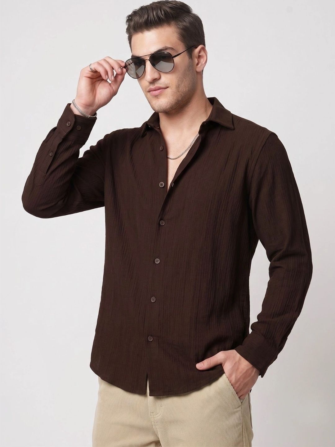 URBANICEMen Brown Textured Regular Fit Casual Shirt Full Sleeves