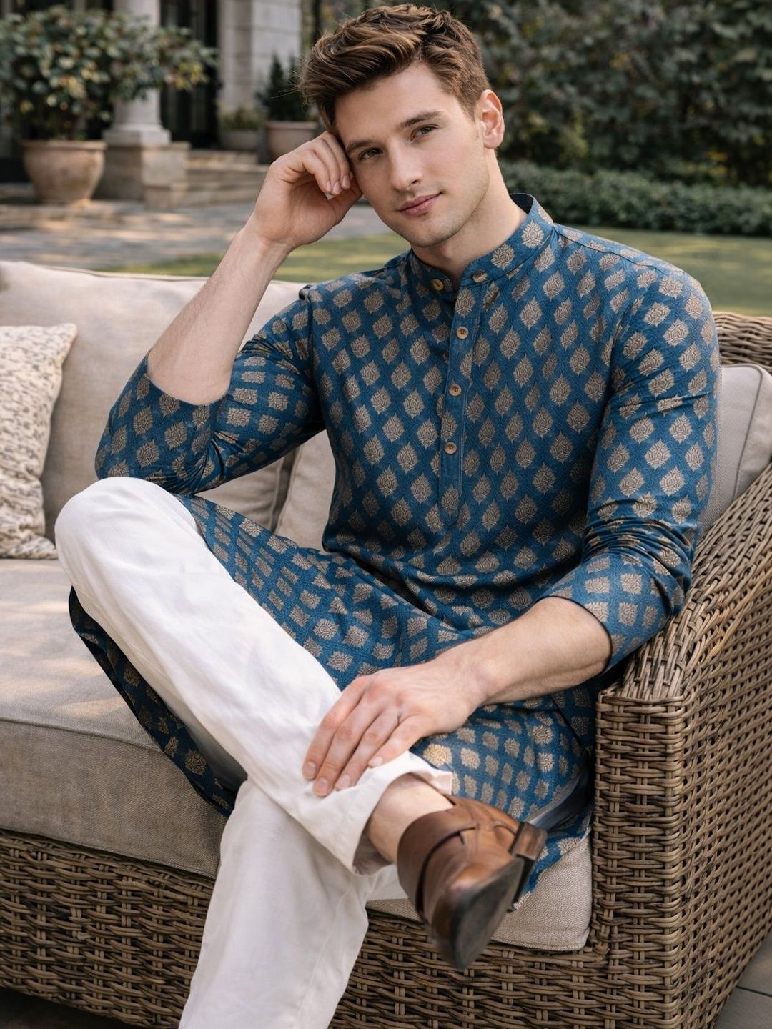 Anouk Printed Band Collar Straight Long Kurta