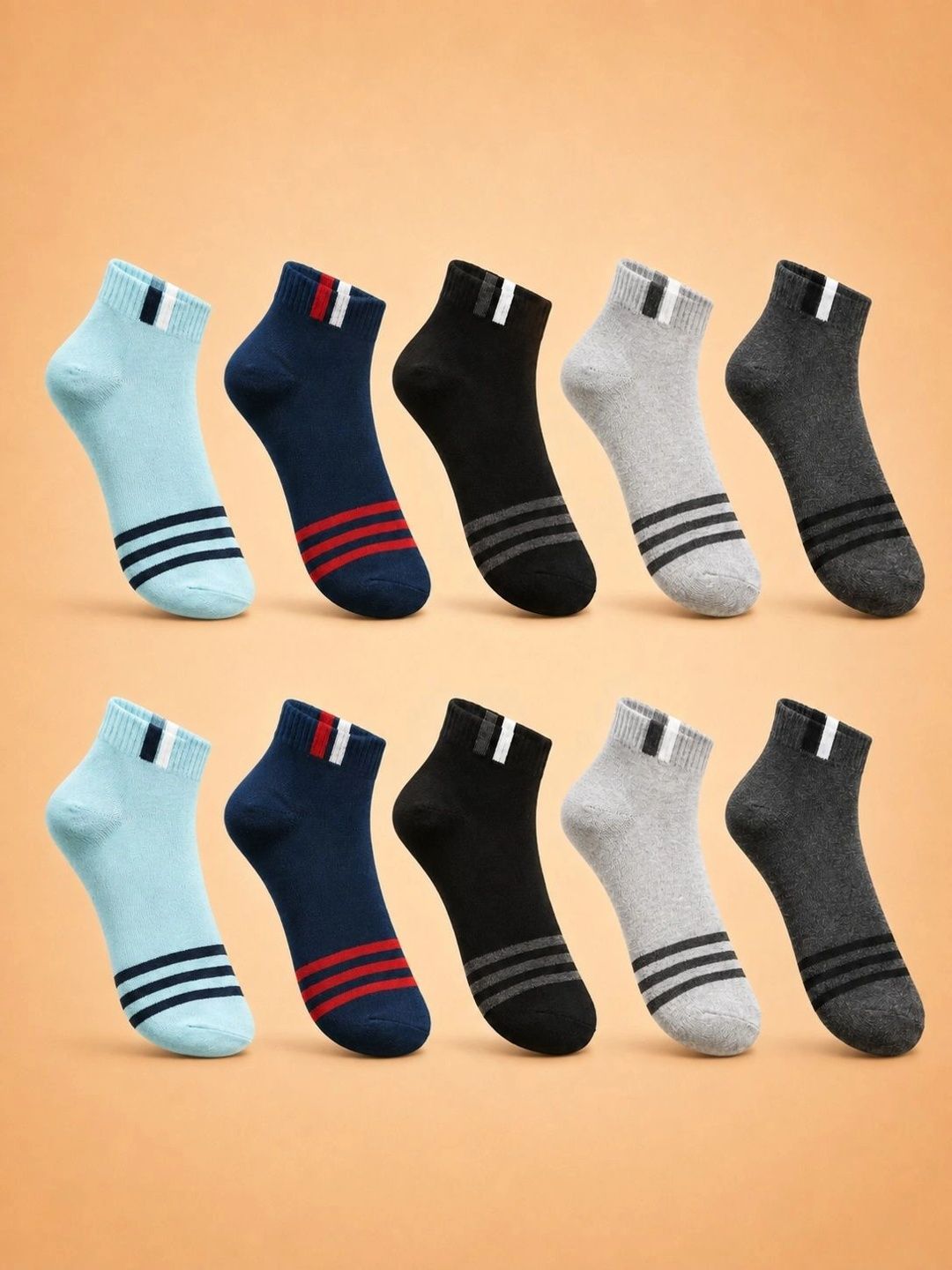 ADDOSSO Men Pack of 10 Cotton Assorted Striped Ankle Length Socks