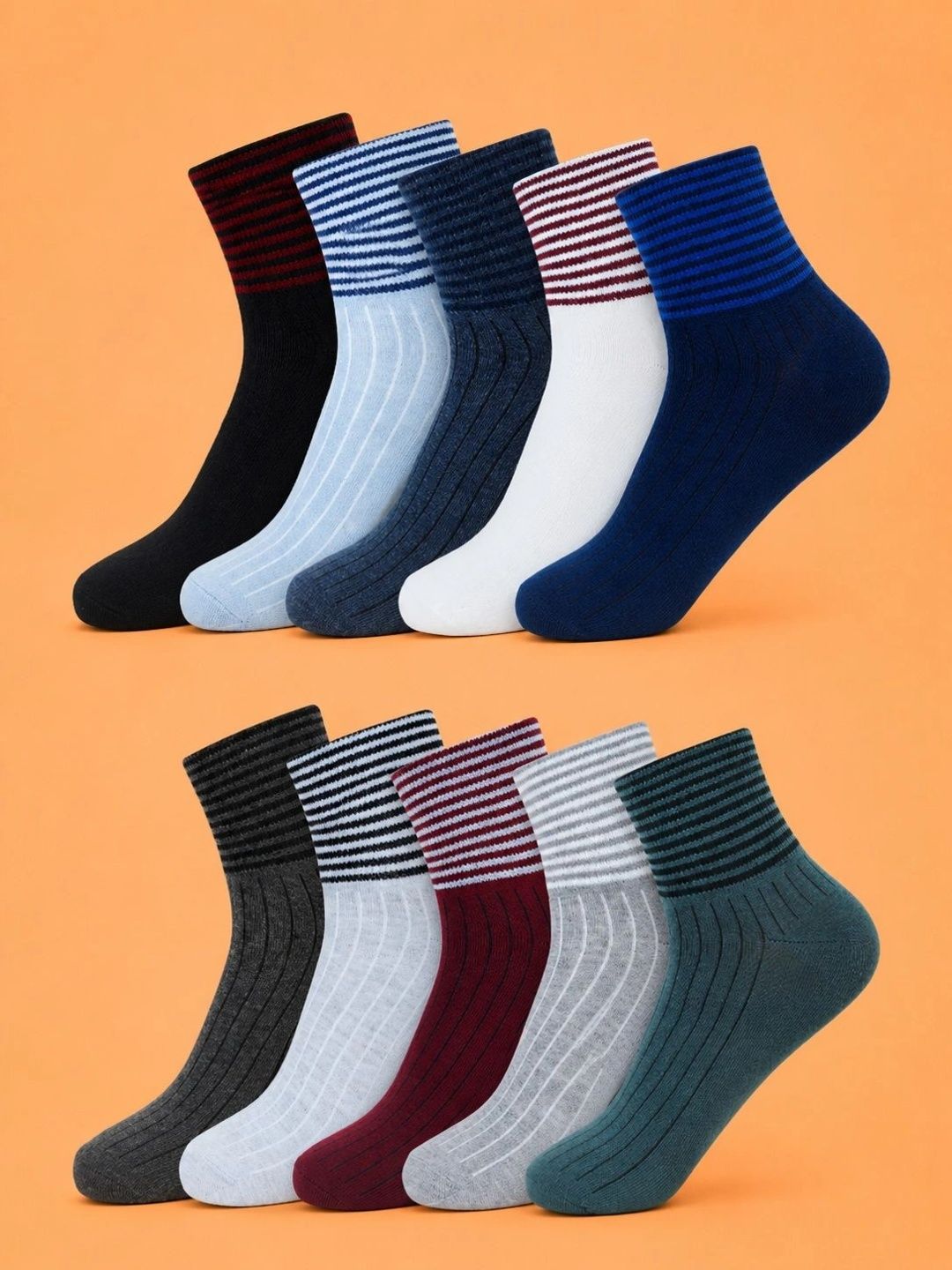 ADDOSSO Men Pack of 10 Cotton Assorted Striped Ankle Length Socks