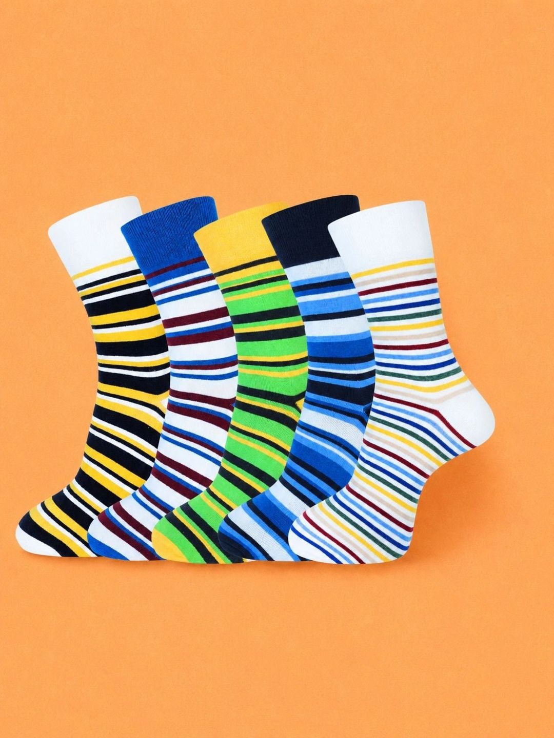 ADDOSSO Men Pack of 5 Cotton Assorted Striped Calf Length Socks