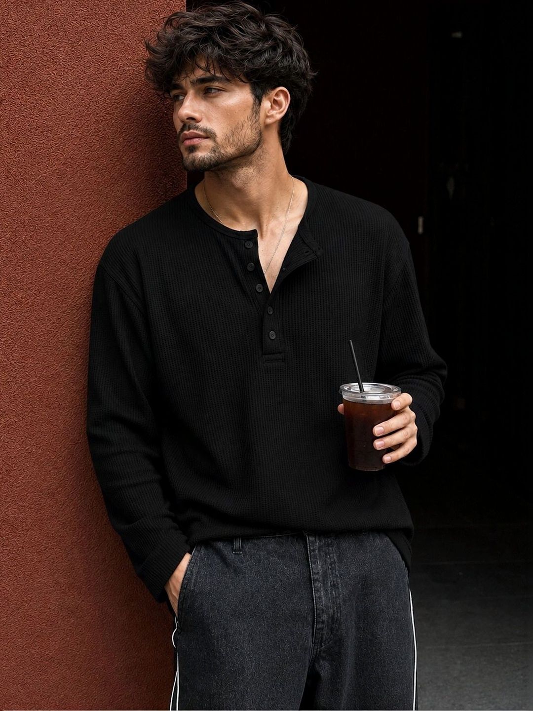 HOODLER Men Henley Neck T-shirt