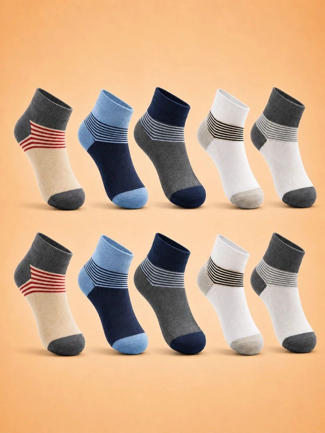 ADDOSSO Men Pack of 10 Cotton Assorted Striped Ankle Length Socks