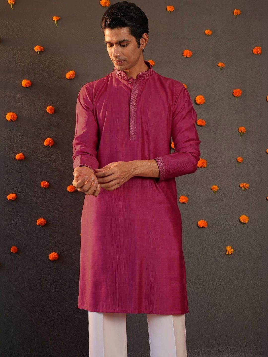 Anouk Men Button Patti Embroidery Straight Kurta