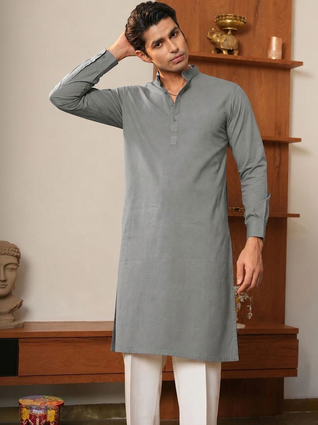 Anouk Men Pure Cotton Solid Knee Length Straight Kurta