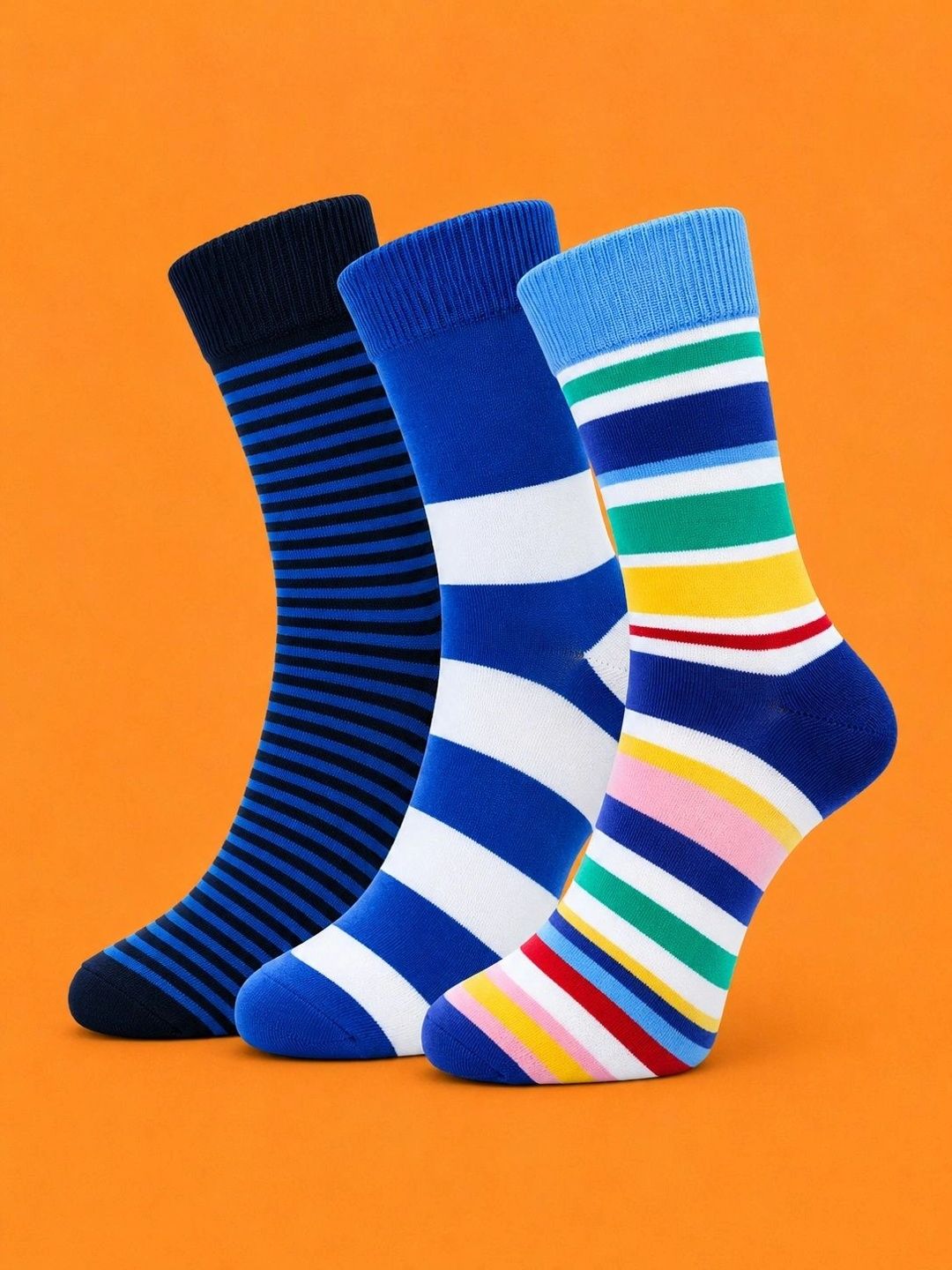 ADDOSSO Men Pack of 3 Cotton Assorted Striped Calf Length Socks