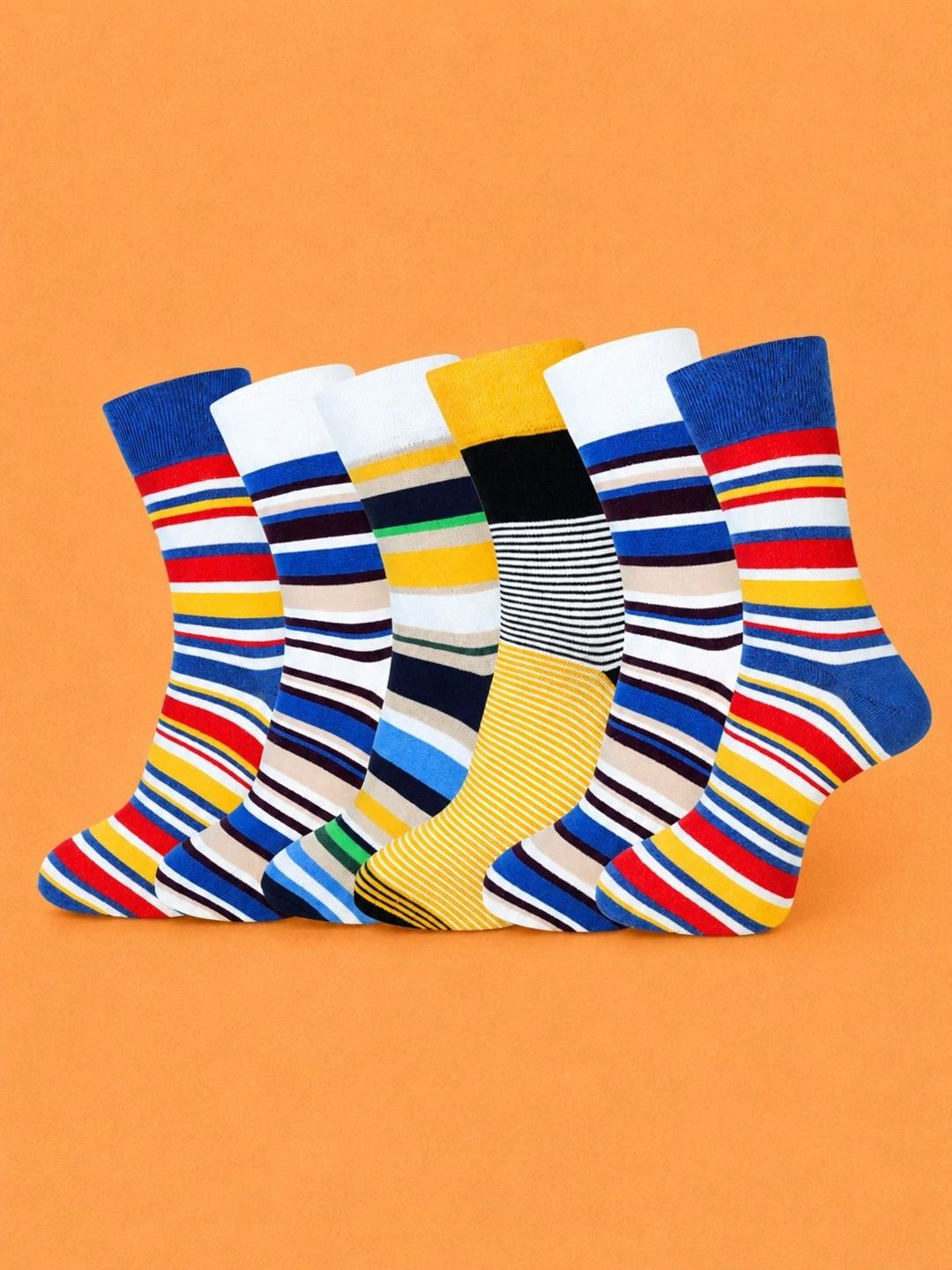 ADDOSSO Men Pack of 6 Cotton Assorted Striped Calf Length Socks