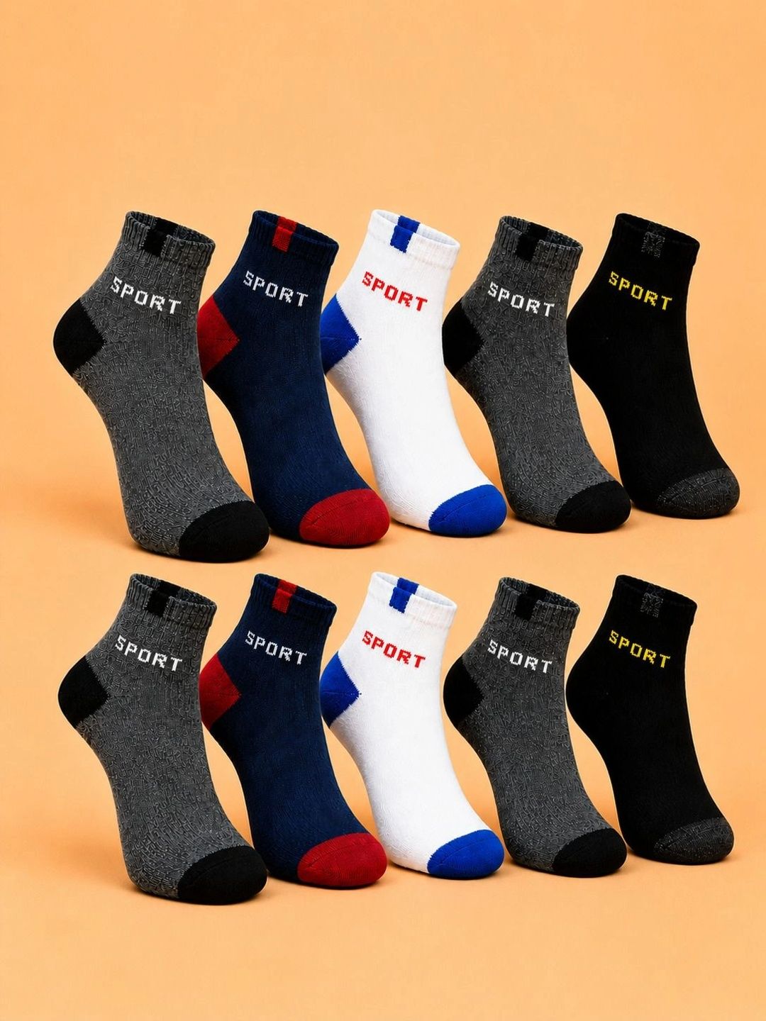 ADDOSSO Men Pack of 10 Cotton Assorted Colourblocked Ankle Length Socks