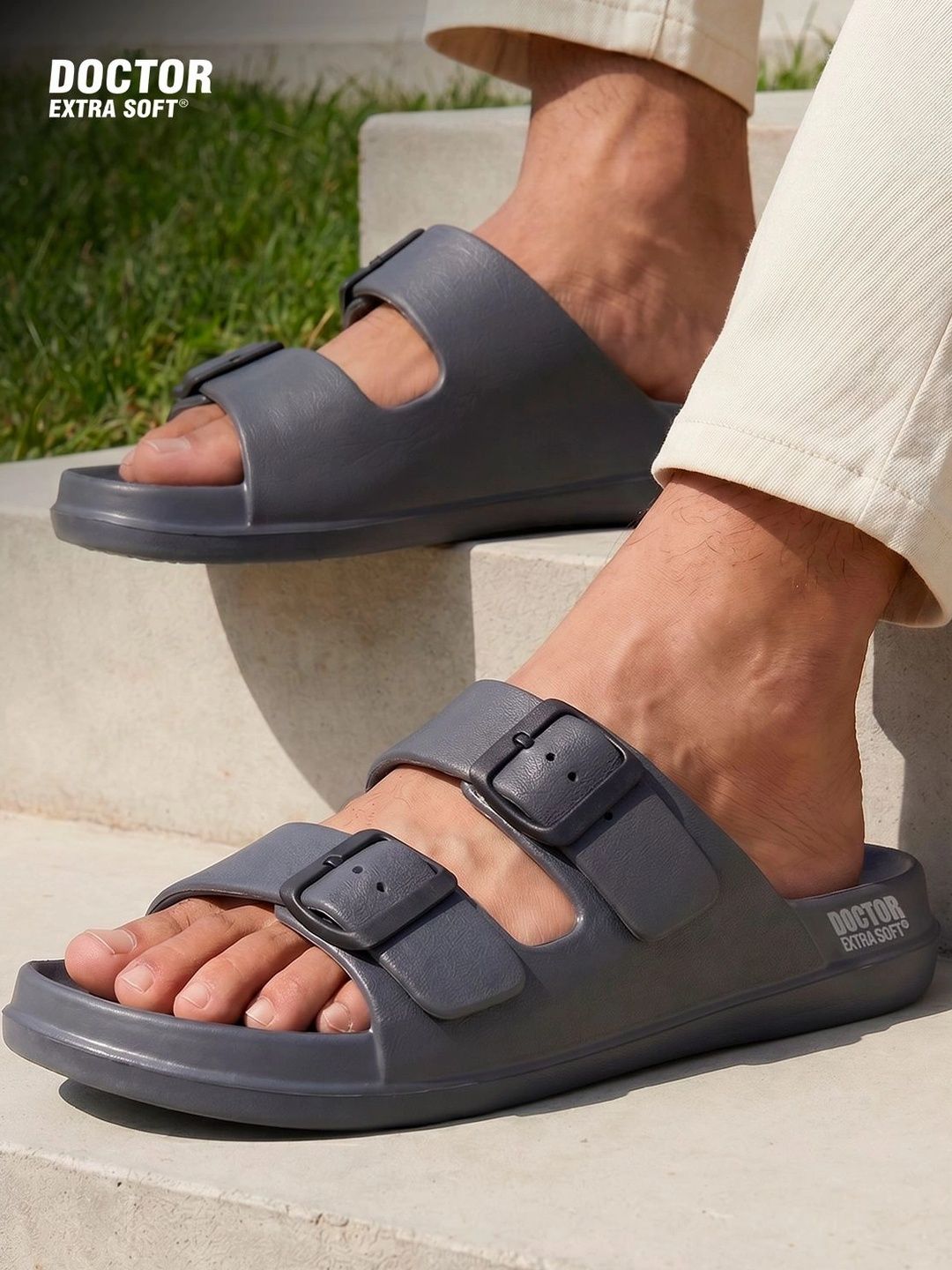DOCTOR EXTRA SOFT Men Classic Cushion Lightweight Rubber Sliders With Buckle Detail