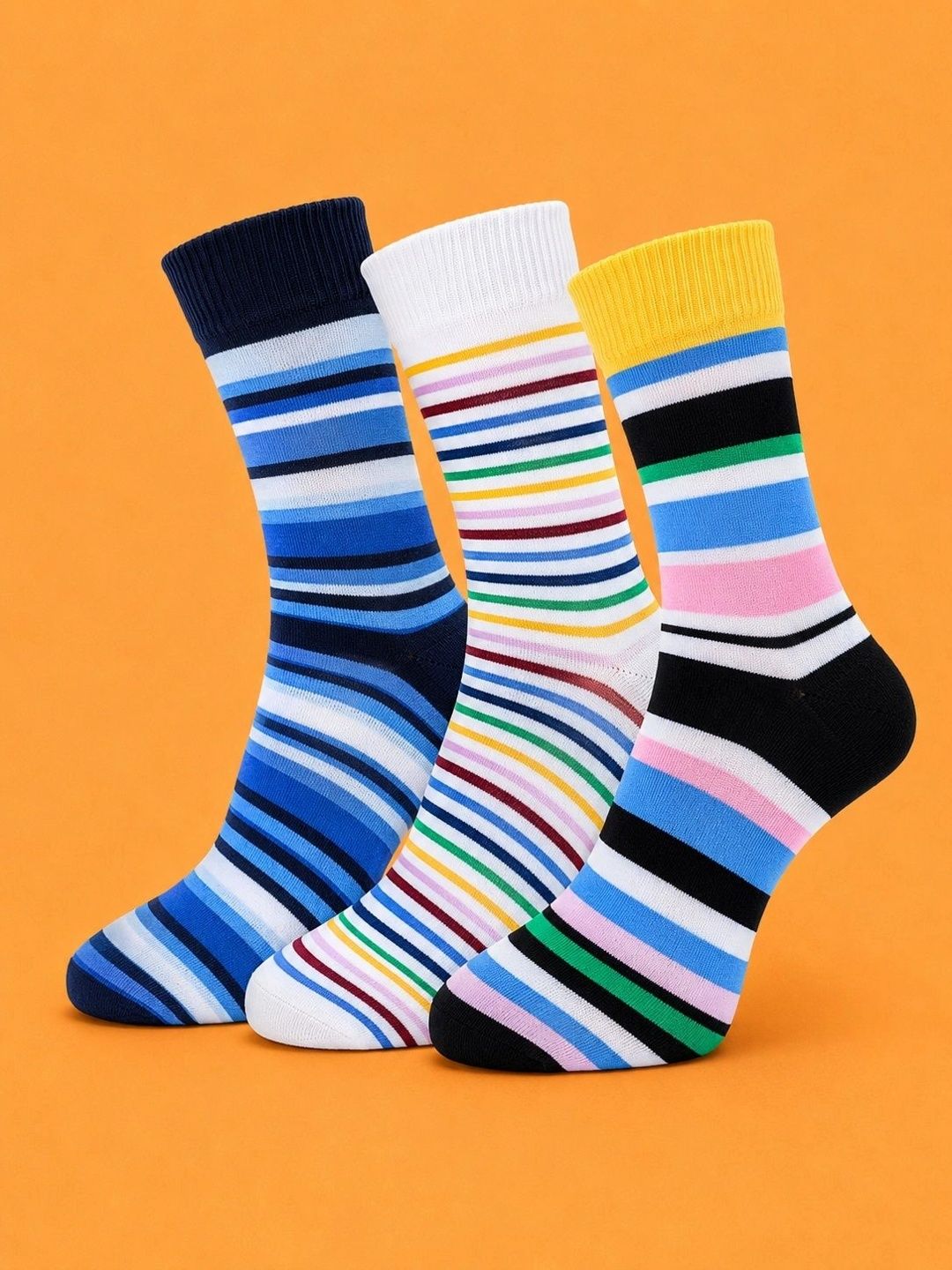 ADDOSSO Men Pack of 3 Cotton Assorted Striped Calf Length Socks
