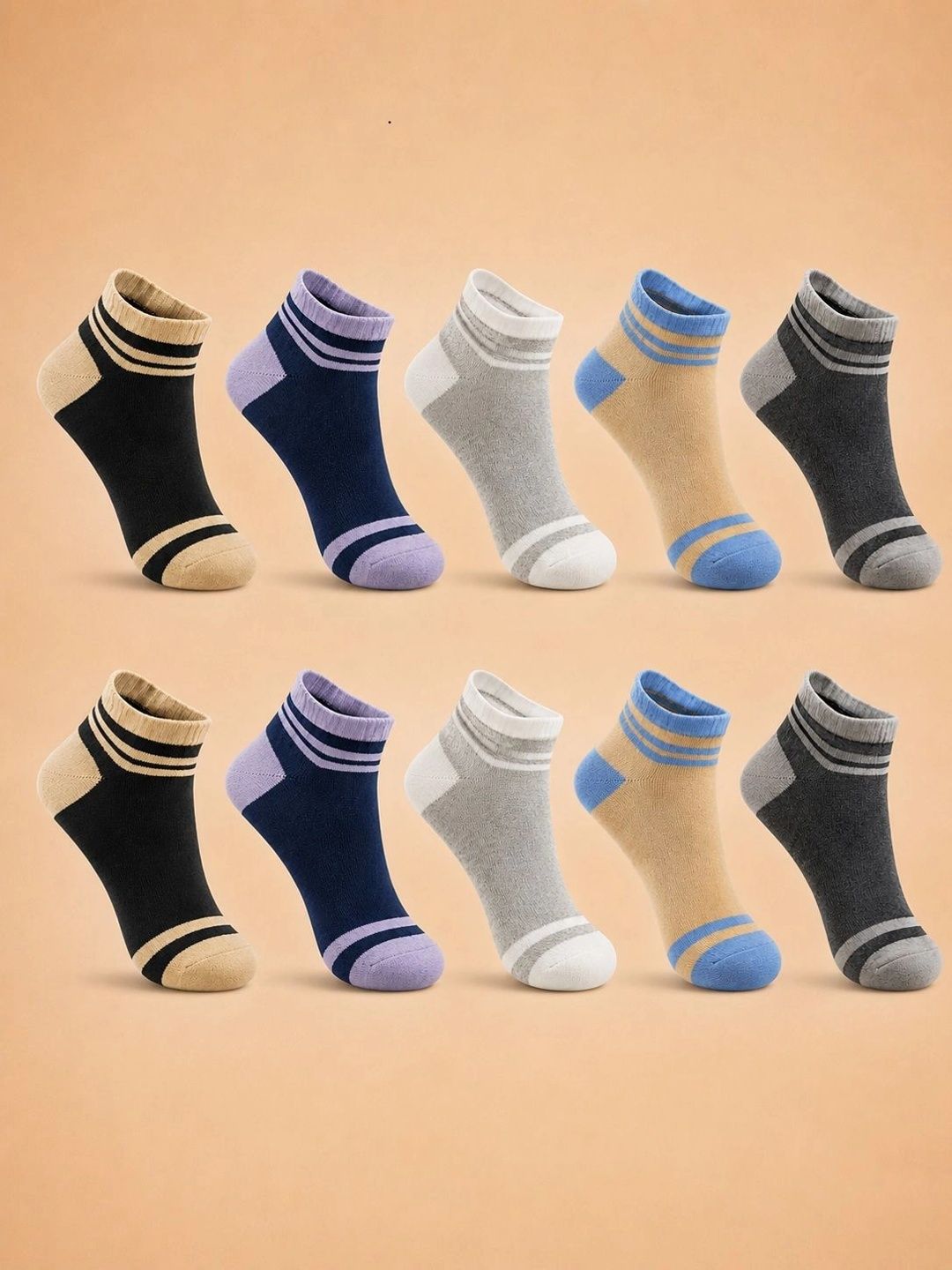 ADDOSSO Men Pack of 10 Cotton Assorted Striped Ankle Length Socks